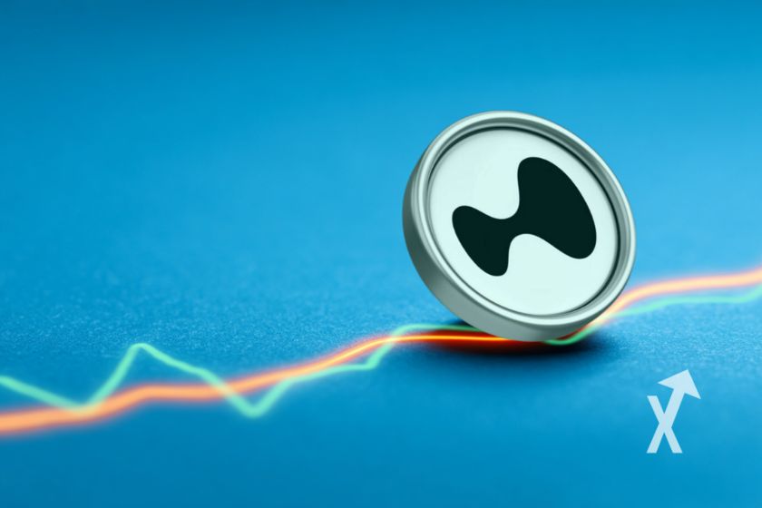 coin hype sur un fond bleu avec trendlines orange et verte