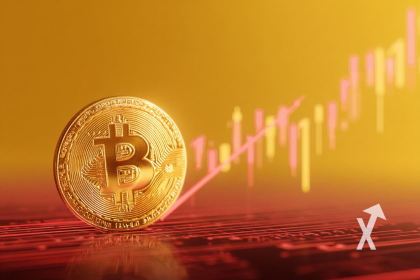 coin Bitcoin sur un fond orange avec bougies rouges