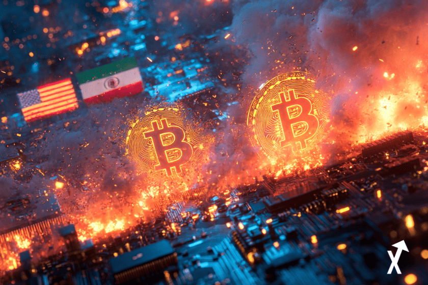 Un champ de bataille numérique dramatique où des symboles de cryptomonnaies lumineux — Bitcoin, Ethereum — s'affrontent dans une arène néon, drapeaux iranien et américain se fondant en circuits imprimés, explosions de lumière dorée et rouge, forces bull et bear en collision