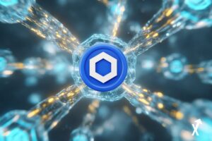 Réseau blockchain futuriste lumineux, logo hexagonal Chainlink irradiant bleu électrique et blanc, flux de données dorés entre noeuds DeFi, silhouettes de baleines lumineuses dans un océan numérique transparent, esthétique tech blanc et cyan épurée, illustration financière pastel lumineuse, rendu 8K ultra-détaillé, atmosphère optimiste et claire