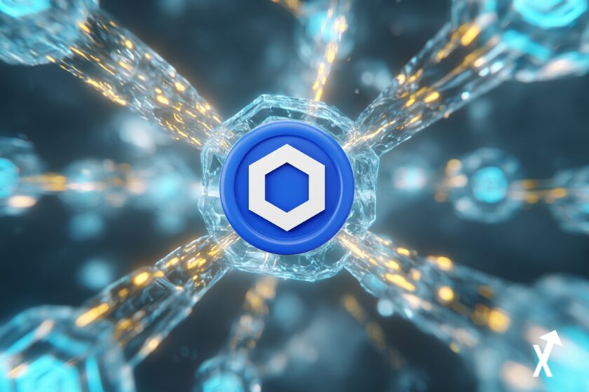 Réseau blockchain futuriste lumineux, logo hexagonal Chainlink irradiant bleu électrique et blanc, flux de données dorés entre noeuds DeFi, silhouettes de baleines lumineuses dans un océan numérique transparent, esthétique tech blanc et cyan épurée, illustration financière pastel lumineuse, rendu 8K ultra-détaillé, atmosphère optimiste et claire