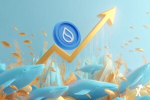 Token SUI flottant au-dessus d'un graphique financier lumineux et clair, flèche dorée de breakout perçant une ligne de résistance, palette blanc et or chaud, illustration financière pastel abstraite, silhouettes de baleines en bleu doux sous le niveau de prix, esthétique tech minimaliste, atmosphère lumineuse et aérée,