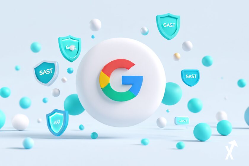 Logo officiel Google centré sur fond blanc épuré, entouré d'icônes de vulnérabilités de sécurité et boucliers en bleu doux et turquoise, labels SAST DAST LLM en badges tech lumineux, esthétique infographie cybersécurité abstraite, illustration pastel lumineuse et aérée, design plat minimaliste, ultra-détaillé 8K