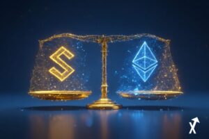 Logos Solana et Ethereum face à face sur fond bleu intense et lumineux, balance financière dorée mesurant vitesse vs liquidité institutionnelle, palette or chaud et bleu électrique abstraite, illustration financière lumineuse et épurée, flux de données doux reliant les deux symboles, design minimaliste et aéré, ultra-détaillé 8K