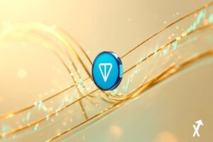 Logo Toncoin TON sur fond dégradé chaud et doré lumineux, niveaux de retracement Fibonacci en arcs dorés descendants gracieux, esthétique graphique financier pastel doux, zones de support mises en valeur en lumière turquoise