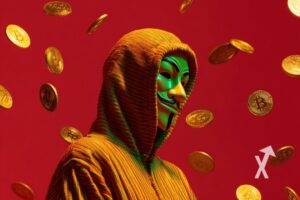 Hacker en capuche avec un masque anonymous et un fond rouge avec des Bitcoin qui volent