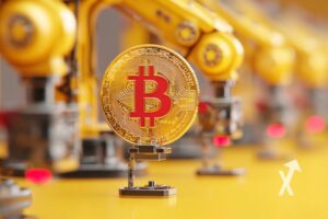 coin Bitocin sur une machine et robots en fonds jaune