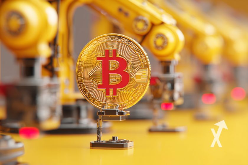 coin Bitocin sur une machine et robots en fonds jaune