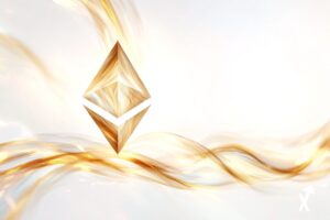 symbole diamant Ethereum sur fond blanc lumineux et épuré, flux financiers institutionnels dorés en streams abstraits lumineux, palette ivoire et or douce, style illustration financière minimaliste, concept tokenisation avec certificats obligataires se transformant en tokens blockchain