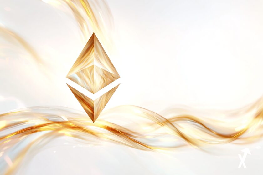symbole diamant Ethereum sur fond blanc lumineux et épuré, flux financiers institutionnels dorés en streams abstraits lumineux, palette ivoire et or douce, style illustration financière minimaliste, concept tokenisation avec certificats obligataires se transformant en tokens blockchain