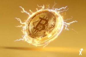 Symbole Bitcoin BTC rendu en tubes néon verre premium, dégradé lumineux or chaud et bleu électrique, esthétique tech financière professionnelle et épurée, halo lumineux doux sur fond blanc éclatant, reflets chromatiques subtils sur surface polie, style branding crypto éditorial, détails nets et précis,