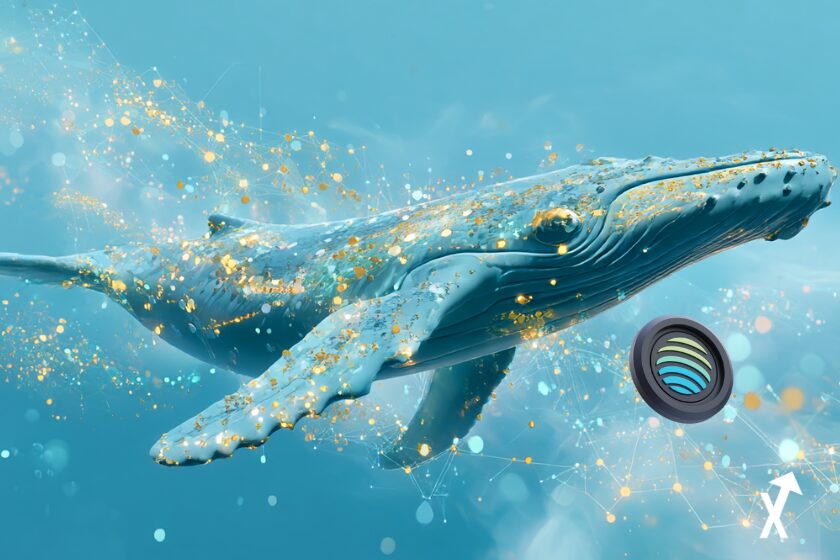 crypto Jupiter JUP flottant sur fond lumineux turquoise et blanc, silhouette de baleine géante lumineuse émergeant des profondeurs d'un océan numérique brillant, noeuds abstraits de l'écosystème DeFi Solana en tons teal et or doux, illustration tech financière épurée et aérée, palette pastel minimaliste
