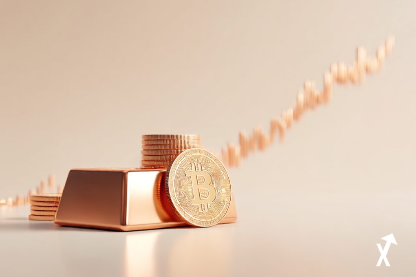 Lingot de cuivre brillant et pièce Bitcoin dorée côte à côte sur surface blanche lumineuse, graphique financier abstrait montant en arrière-plan dans des tons cuivre chaud et or, concept signal macro risk-on, atmosphère dégradé chaud et doux, style illustration financière élégante et minimaliste, composition professionnelle et aérée,