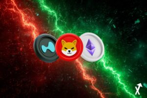 crypto HYPE ETH SHIB flottant à différentes hauteurs sur fond blanc lumineux et épuré, HYPE descendant avec flèche de correction rouge douce, ETH montant avec momentum doré ascendant, SHIB plat en ton ambre neutre, esthétique graphique financier abstrait minimaliste, style illustration pastel aéré, composition éditoriale crypto professionnelle, ultra-détaillé