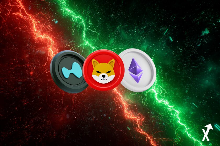 crypto HYPE ETH SHIB flottant à différentes hauteurs sur fond blanc lumineux et épuré, HYPE descendant avec flèche de correction rouge douce, ETH montant avec momentum doré ascendant, SHIB plat en ton ambre neutre, esthétique graphique financier abstrait minimaliste, style illustration pastel aéré, composition éditoriale crypto professionnelle, ultra-détaillé