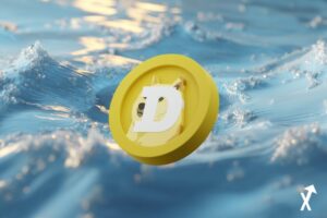 Dogecoin debout avec confiance sur un graphique financier doré et lumineux, niveau de support abstrait brillant en lumière ambre douce en dessous, flèches de résistance turquoise au-dessus, fond dégradé chaud et pastel épuré, illustration crypto éditoriale professionnelle, composition minimaliste et aérée