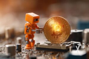 robot orange qui touche un coin Bitcoin sur un fond de puce électronique
