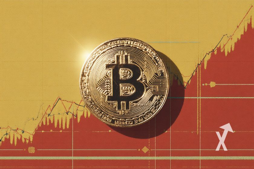 coin Bitcoin sur un fond jaune et rouge