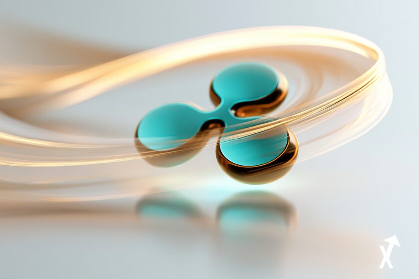 ogo XRP Ripple brillant en lumière turquoise et or sur fond blanc épuré, trajectoire de prix parabolique ascendante en arc doré lumineux, flux de capitaux institutionnels représentés en streams lumineux convergents vers le symbole, document réglementaire CLARITY Act en rayon de lumière abstrait, illustration financière professionnelle et aérée, esthétique tech minimaliste,