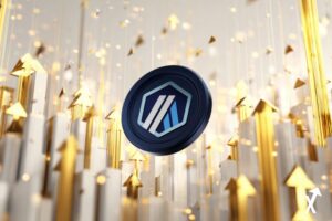 crypto Arbitrum ARB sur fond blanc lumineux et épuré, cadenas doré abstrait s'ouvrant et libérant des tokens lumineux doux descendant puis rebondissant à la hausse sur graphique financier pastel, palette ivoire chaud