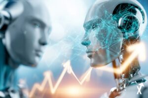 crypto IA LAB et BILL lumineux s'élevant sur fond blanc éclatant, motifs de réseau neuronal abstraits en bleu électrique doux et turquoise reliant les deux symboles, flèches de prix dorées ascendantes lumineuses, signal d'avertissement subtil en lueur ambre douce en dessous, style illustration tech