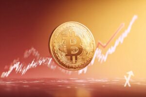 Bitcoin coin sur un fond orange avec trendline de bougies rose