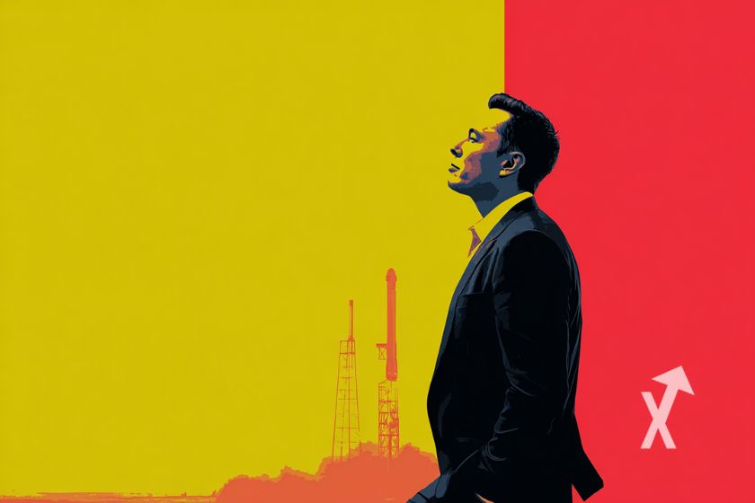 Elon Musk sur un fond jaune et rouge avec fusée spaceX qui décolle en fond