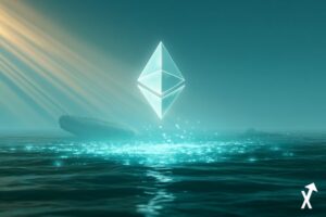 diamant Ethereum lumineux géant émergeant d'un océan de lumière turquoise douce après des années de dormance, rayons d'éveil dorés se répandant vers l'extérieur, silhouette de baleine abstraite se dissolvant en tokens ETH lumineux