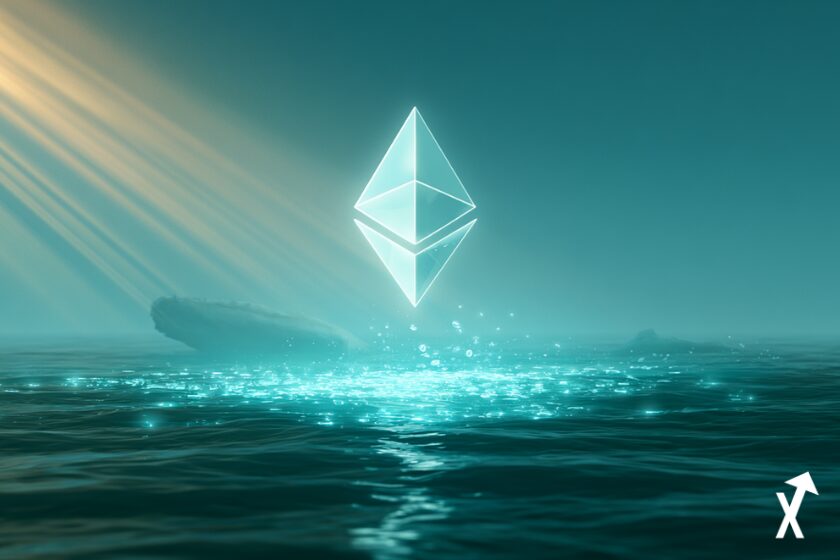 diamant Ethereum lumineux géant émergeant d'un océan de lumière turquoise douce après des années de dormance, rayons d'éveil dorés se répandant vers l'extérieur, silhouette de baleine abstraite se dissolvant en tokens ETH lumineux