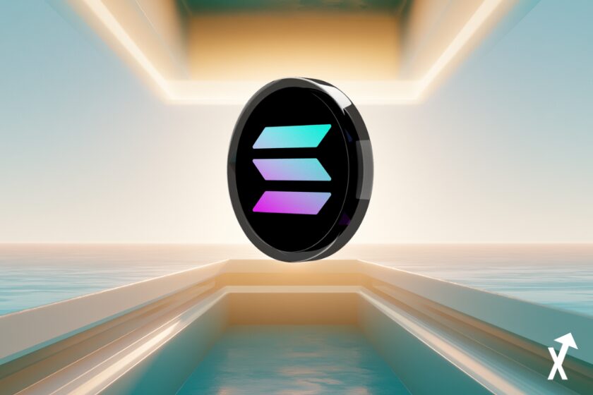 token Solana SOL en forme géométrique turquoise et violette lumineuse flottant face à un plafond de résistance en lumière dorée douce, sous un ciel lumineux et clair, canal horizontal abstrait visible en deux bandes de lumière parallèles, esthétique tech blanc et turquoise épurée