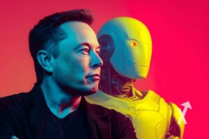 Elon musk avec un robot derrière lui sur un fond rouge