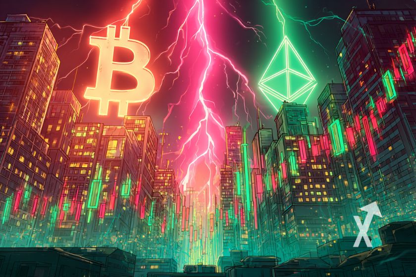 Logo Ethereum vert et Bitcoin rouge dans le ciel d'une ville nocturne avec bougies rouges et vertes