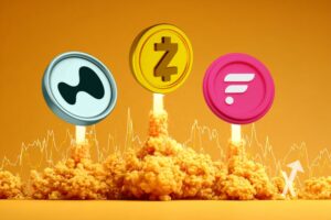 altcoins hype, zec et flare qui décollent d'une fusée sur un fond orange avec trendline jaune en bas