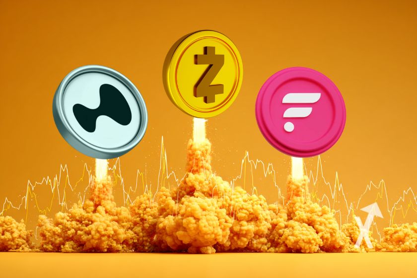 altcoins hype, zec et flare qui décollent d'une fusée sur un fond orange avec trendline jaune en bas