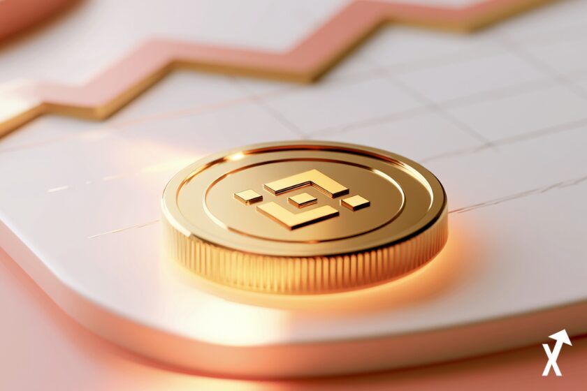 token BNB doré rayonnant une lumière chaude, graphique de prix abstrait ascendant en arrière-plan, tons blanc et or, accents corail et rose, esthétique fintech minimaliste, détails numériques nets