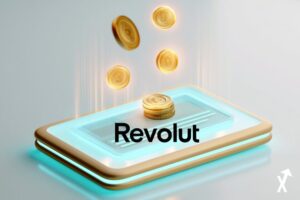 revolut fintech lumineuse, interface élégante de banque privée sur tablette lumineuse, pièces dorées et symboles crypto flottants, lumière ambiante bleue et turquoise douce, fond blanc épuré, esthétique minimaliste de gestion de patrimoine, détails nets, sans tons sombres