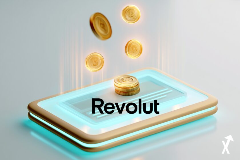 revolut fintech lumineuse, interface élégante de banque privée sur tablette lumineuse, pièces dorées et symboles crypto flottants, lumière ambiante bleue et turquoise douce, fond blanc épuré, esthétique minimaliste de gestion de patrimoine, détails nets, sans tons sombres