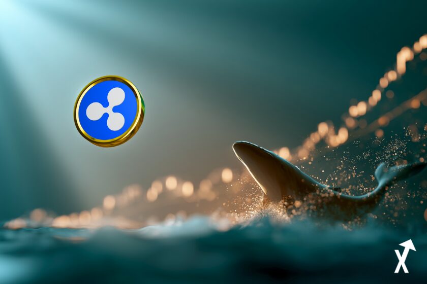 Illustration financière abstraite lumineuse, symbole XRP brillant sur fond blanc pur, rayons de lumière dégradé teal et indigo, graphique de prix ascendant avec reflets dorés, silhouette de baleine se dissolvant en particules lumineuses, style fintech minimaliste épuré