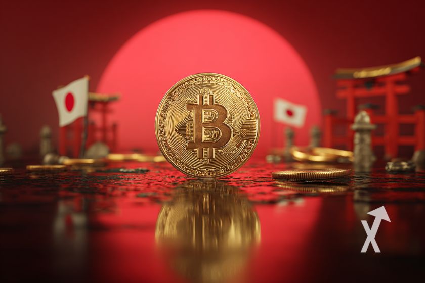 Bitcoin coin sur un fond rouge avec drapeau du japon