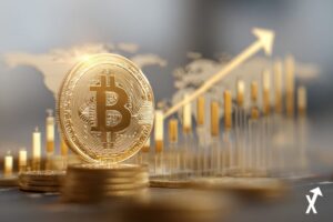 pièce Bitcoin dorée avec flèche de prix descendante se dissolvant en particules lumineuses douces, lignes de graphique abstraites pastel en tons corail et or, fond blanc épuré, esthétique fintech minimaliste, sans couleurs sombres