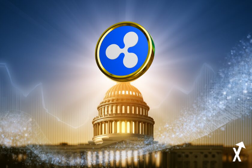 Illustration financière lumineuse, token XRP brillant s'élevant au-dessus d'une silhouette de Capitole américain dorée, dégradé fond bleu royal et or doux, rayons de lumière blanche épurée, lignes de graphique abstraites ascendantes, parchemin législatif se dissolvant en particules lumineuses