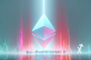 Ethereum logo en bleu sur un fond bleu avec lumières rouges