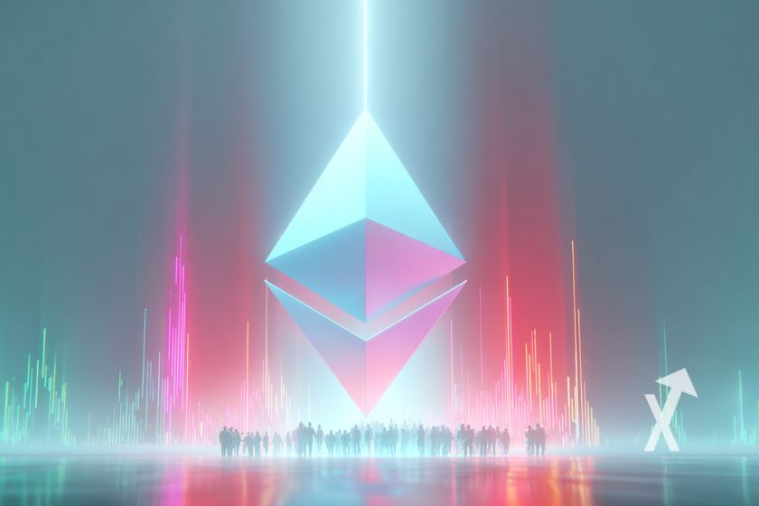 Ethereum logo en bleu sur un fond bleu avec lumières rouges