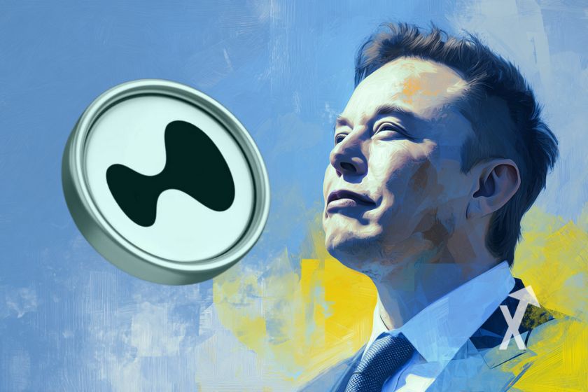 coin hyperliuquid avec elon musk à droite sur fond bleu et jaune