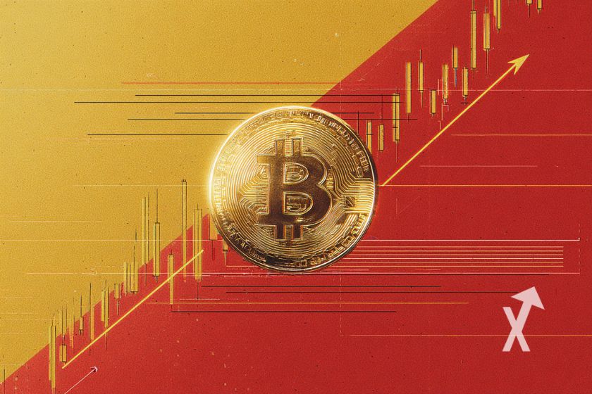 coin Bitocin sur un fond rouge et jaune avec bougies qui montent