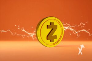 coin zcash sur un fond orange avec électricité jaune