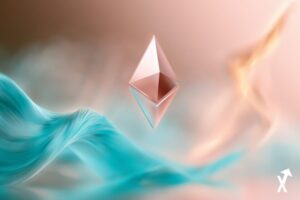 Diamant Ethereum éthéré flottant dans une brume atmosphérique rose et or douce, motif de vague de pétrole abstrait se dissolvant en flux de lumière turquoise, fond dégradé chaud mêlant tons or rosé et crème, courbe de momentum ascendante brillant en or, style art financier impressionniste, profondeur pastel