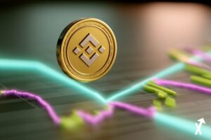 pièce BNB dorée suspendue au-dessus d'un graphique de prix violet et vert lime lumineux, ligne de support abstraite rendue comme un faisceau teal lumineux, atmosphère dégradé argent chaud, tension entre courbes descendantes et ascendantes, style art crypto impressionniste, profondeur de champ douce, sans noir ni fond sombre