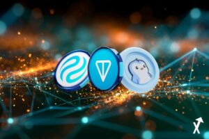 éseau blockchain, particules lumineuses teal radieuses et or vif éclatant à travers des lignes géométriques interconnectées brillantes, atmosphère dégradé orange corail et bleu électrique vibrant, constellation de nœuds lumineux dynamiques avec profondeur lumineuse intense, rayons de lumière se dispersant vers l'extérieur, esthétique réseau de données fintech néon hyperlumineux coloré, énergie hyper-lumineuse colorée, sans pièces sans logos sans personnages, sans fond sombre ton, pengu, inj