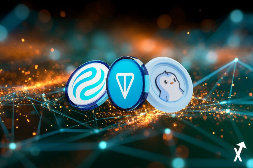 éseau blockchain, particules lumineuses teal radieuses et or vif éclatant à travers des lignes géométriques interconnectées brillantes, atmosphère dégradé orange corail et bleu électrique vibrant, constellation de nœuds lumineux dynamiques avec profondeur lumineuse intense, rayons de lumière se dispersant vers l'extérieur, esthétique réseau de données fintech néon hyperlumineux coloré, énergie hyper-lumineuse colorée, sans pièces sans logos sans personnages, sans fond sombre ton, pengu, inj